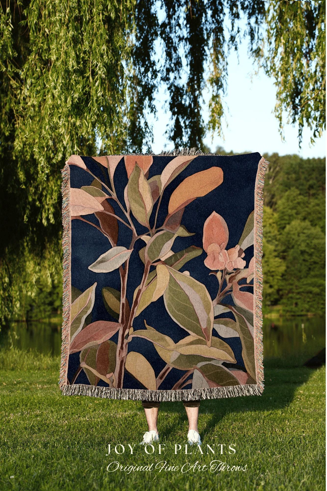 Botanical Throw Blanket Woven | Ficus Houseplant Blanket Tapestry Botanical Minimalist Room Decor Fairycore Floral Plant Lover Vintage Throw