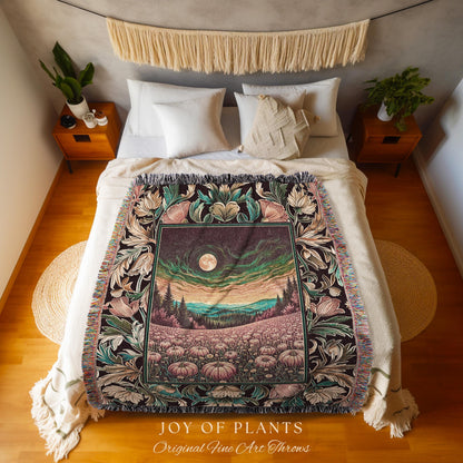 Mystical Sunset Full Moon Pumpkin Patch Cottagecore Tapestry Throw Blanket, Harvest Fields Landscape Woven Wall Hanging Fall Folk Art Decor