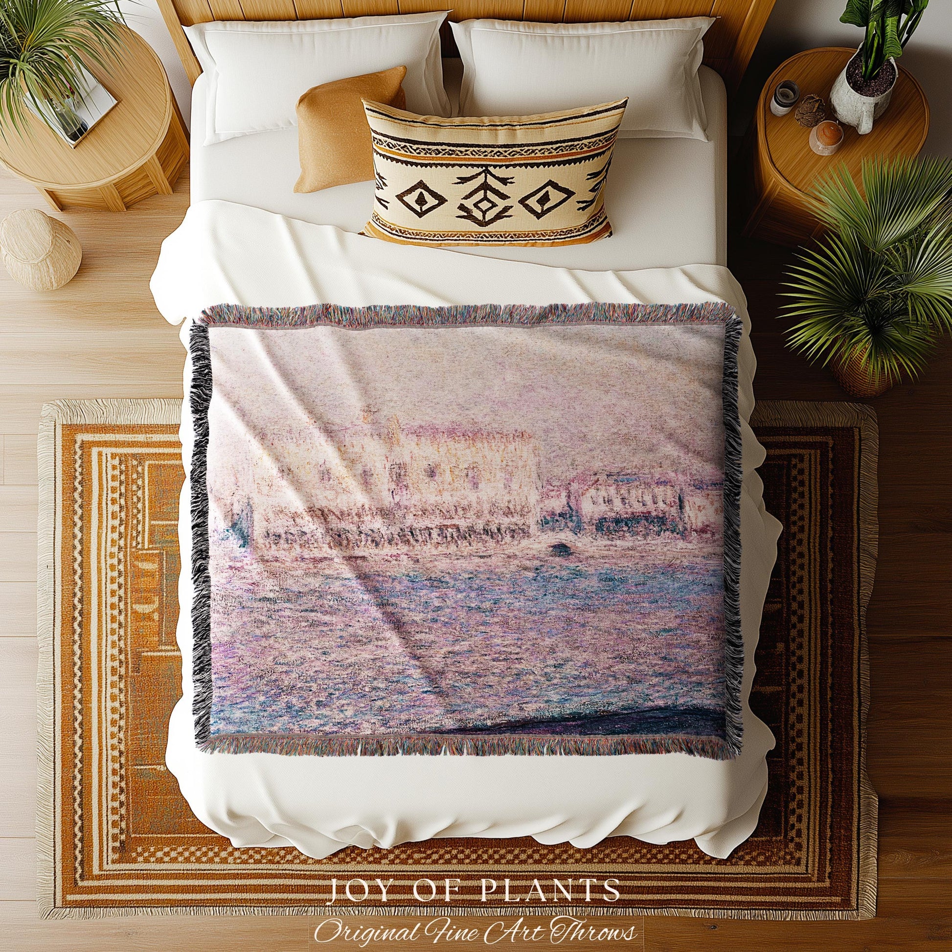 Palazzo Dario Venice Blanket Monet Painting Fine Art Throw | Venetian Inspired European Art Tapestry Dusty Rose Pastel Vintage Home Decor