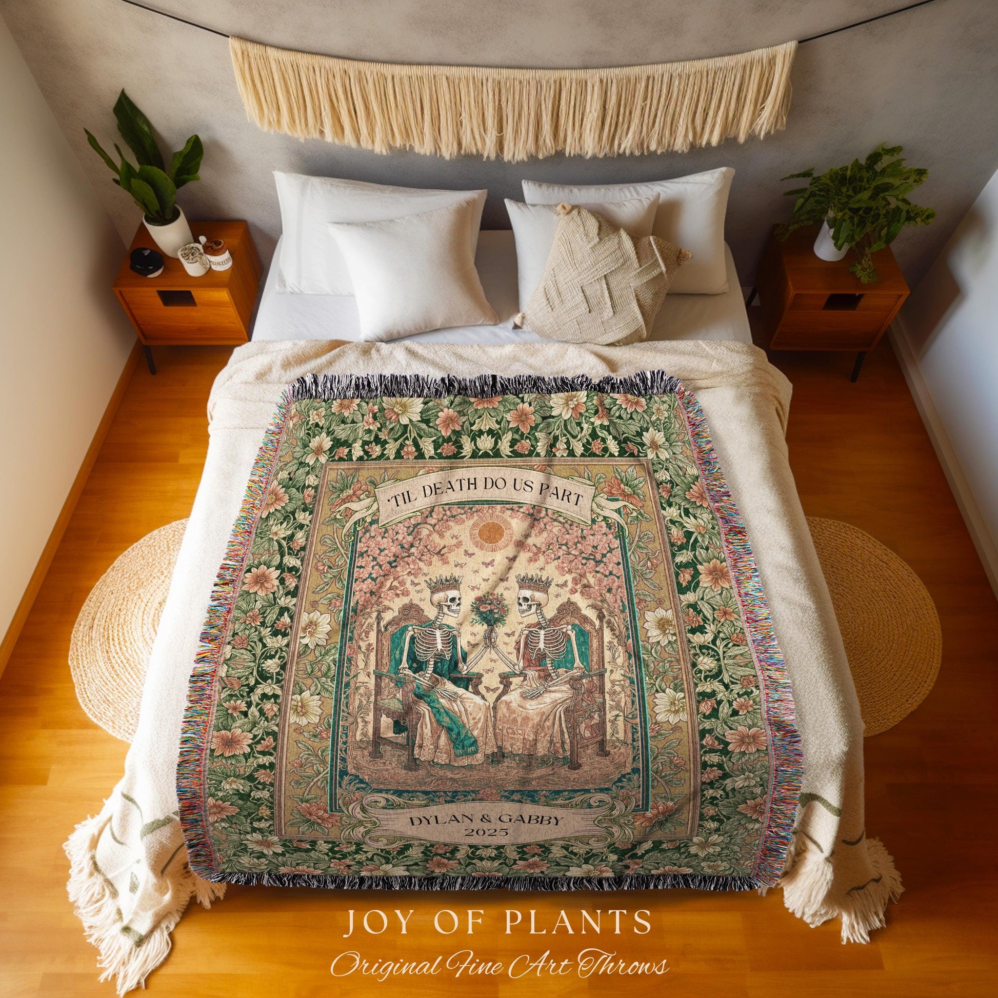 Mystic Lovers Skeleton Custom Blanket | Personalized Names Witchy Couple Throw Gothic Wedding Gift Baroque Floral Tapestry Cozy Anniversary