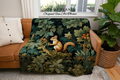 Woodland Botanical Woven Throw | William Morris inspired Throw Blanket Vintage Cottagecore Woodland Aesthetic Decor Woven Squirrel Tapestry