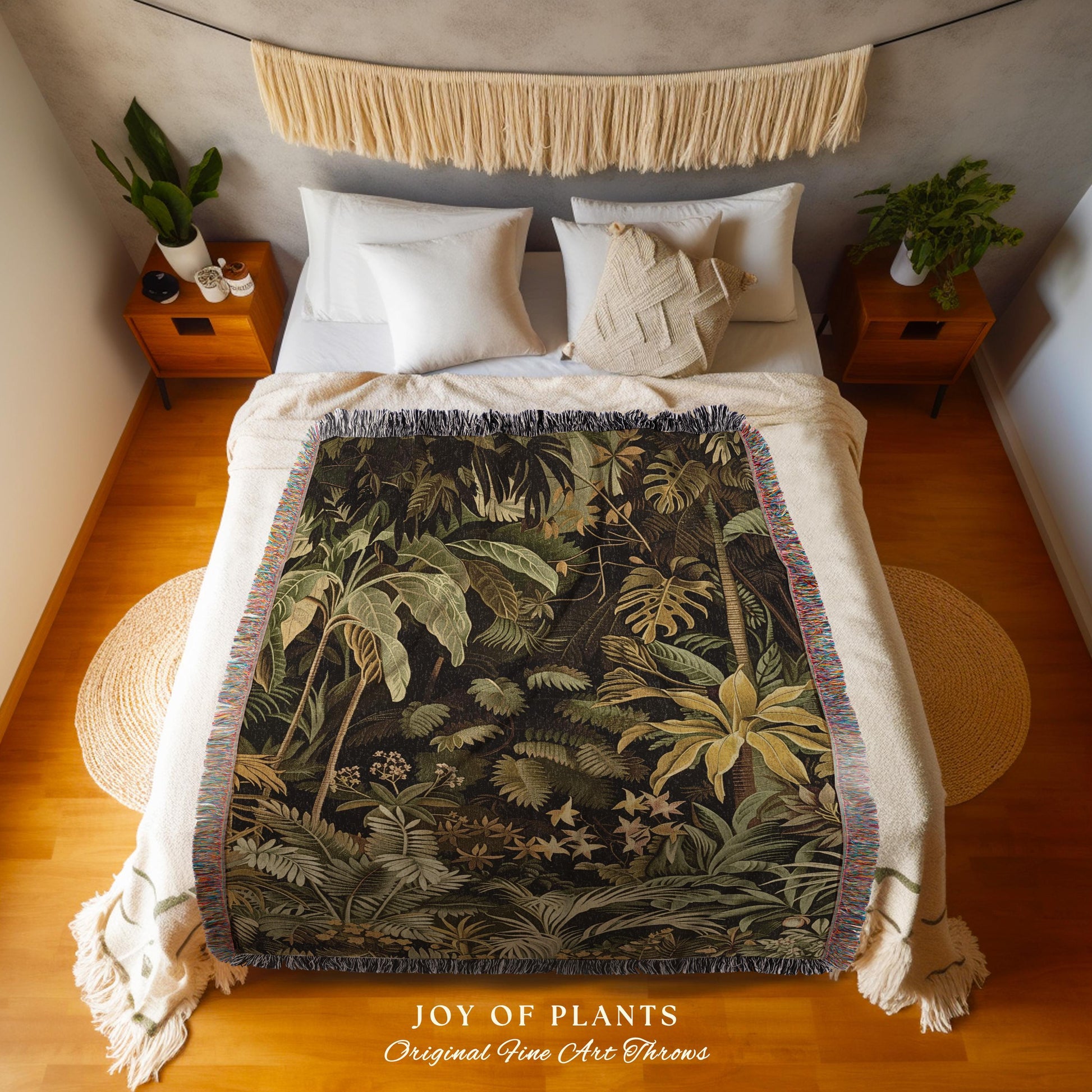 Moody Botanical Jungle Leaves Coverlet | Eclectic Green Maximalist Woven Blanket Whimsigoth Vintage Botanical Nature Living Room Forest |
