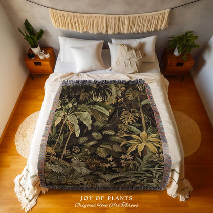Moody Botanical Jungle Leaves Coverlet | Eclectic Green Maximalist Woven Blanket Whimsigoth Vintage Botanical Nature Living Room Forest |