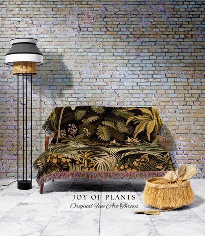 Moody Botanical Jungle Leaves Coverlet | Eclectic Green Maximalist Woven Blanket Whimsigoth Vintage Botanical Nature Living Room Forest |