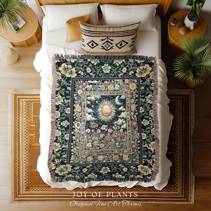 Dreamy Aesthetic Maximalist Tapestry | Sun and Moon Bohemian Sunshine Tapestry Astrology Throw Psychedelic Celestial Cozy Throw Blanket |