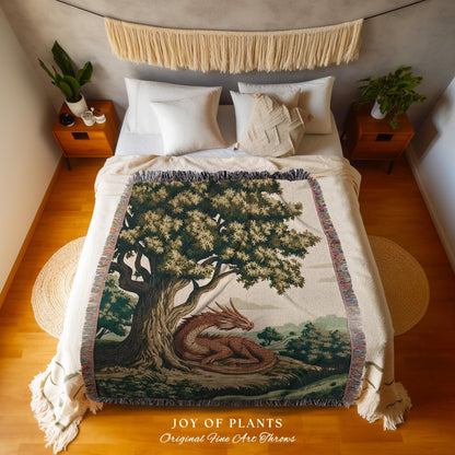 Antique Aesthetic Dragon Blanket Rustic Woodland Decor Tapestry Throw | Whimsical Fantasy Medieval Art Forestcore Woven Cozy Home Accent