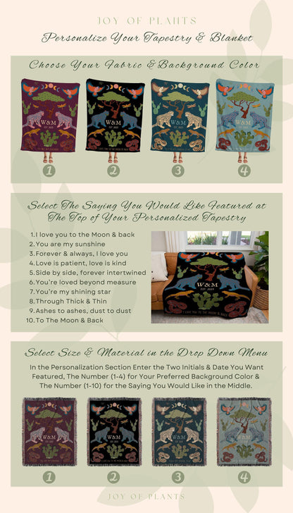 Jungle Blanket Custom Initial Tapestry | Anniversary Gift for Couple Blanket Personalized | Custom Anniversary Tapestry Jungle Blanket Woven