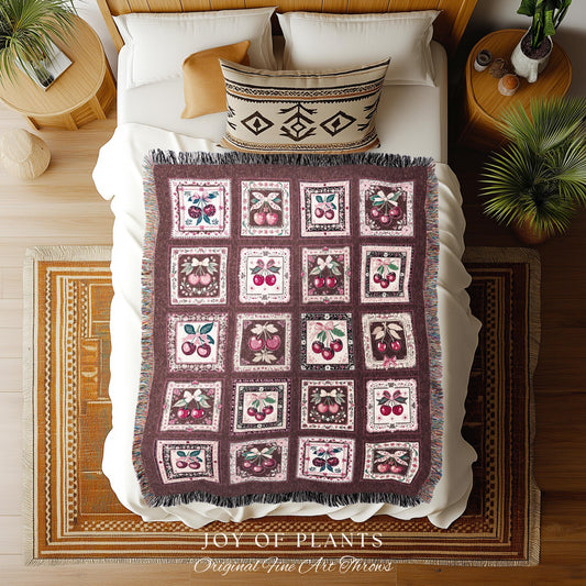 Mauve Berry Coverlet Cottagecore Throw | Trendy Retro Cherry Print Coquette Cottagecore Coverlet Pink Woven Tapestry Throw Blanket Valentine