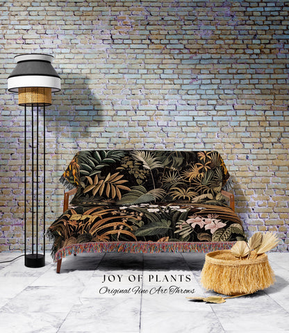 Earthy Colors Tropical Leaves Throw Blanket | Jungle Theme Bedroom Decor Whimsical Botanical Living Room Forest House Plant Tapestry Woven