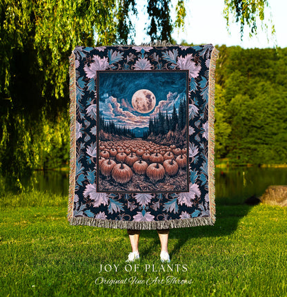 Soft Autumn Aesthetic Pumpkin Tapestry | Pastel Rustic Fall Woven Blanket Decor Whimsigoth Full Moon Spooky Season Halloween Throw Accent |