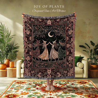 Celestial Coven Witchy Throw Blanket | Mystic Fairytale Sorceress Moonlit Romantic Victorian Woven Wall Tapestry Dark Academia Whimsical |
