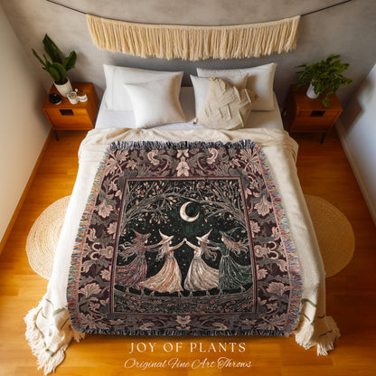 Celestial Coven Witchy Throw Blanket | Mystic Fairytale Sorceress Moonlit Romantic Victorian Woven Wall Tapestry Dark Academia Whimsical |