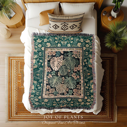 Enchanted Grove Woven Fringe Tapestry | Forestcore Home Decor Cottagecore Maximalist Blanket Whimsical Monstera Vibes Trendy Bedroom Artwork