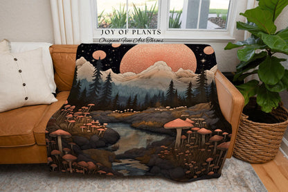 Ethereal Moonscape Woven Throw | Cottagecore Fairytale Blanket Mystical Landscape Room Decor Mushroomcore Whimsical Gift for Mushroom Lover