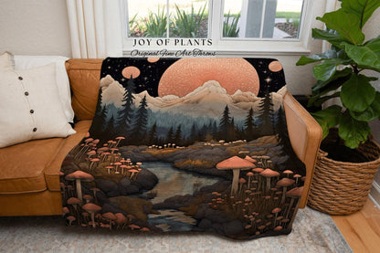 Ethereal Moonscape Woven Throw | Cottagecore Fairytale Blanket Mystical Landscape Room Decor Mushroomcore Whimsical Gift for Mushroom Lover
