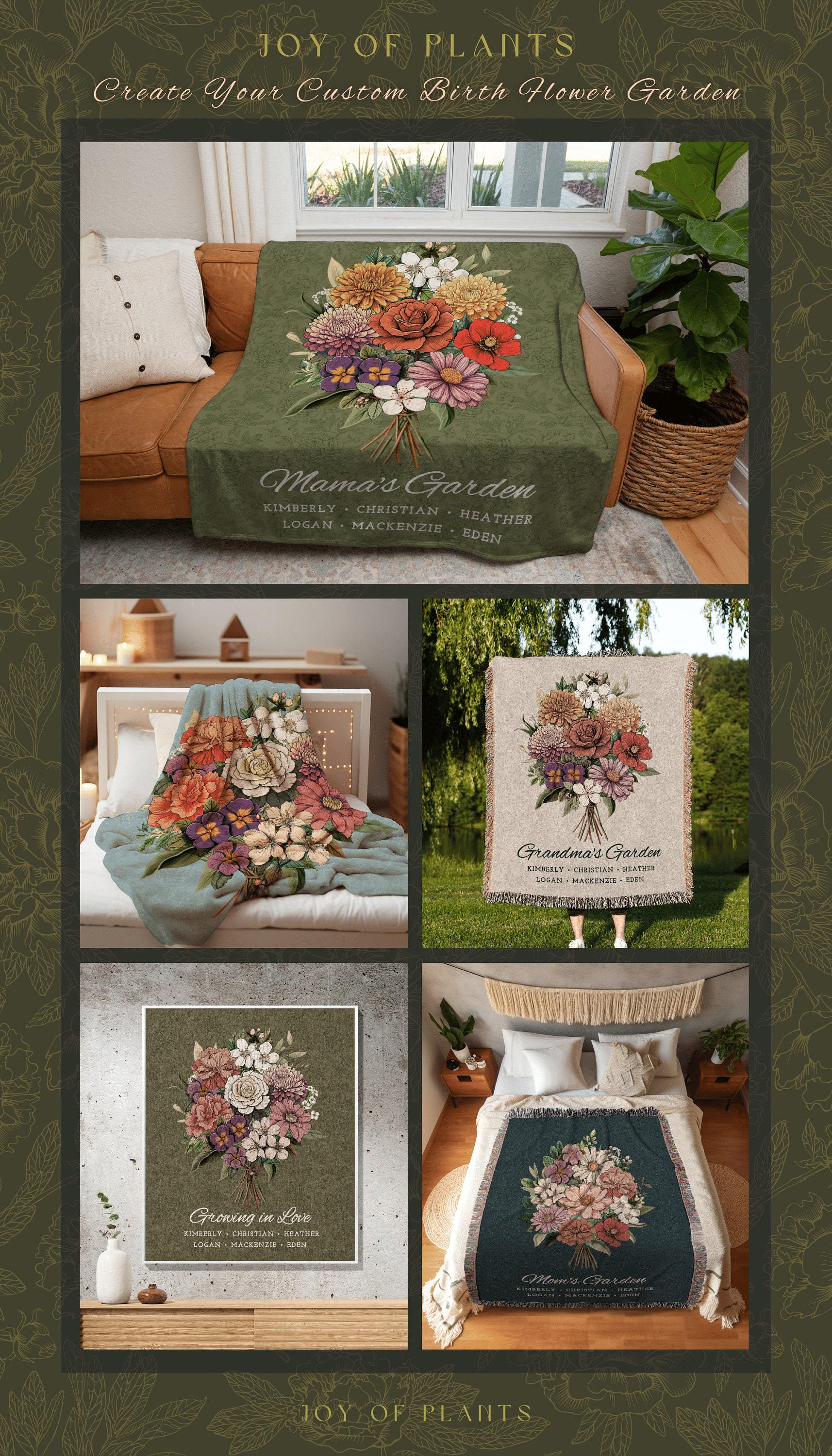 Grandma Garden Blanket Personalized | Family Names Gift Mimi's Garden Birth Month Flower Custom Bouquet Custom Mom Blanket Woven Tapestry |