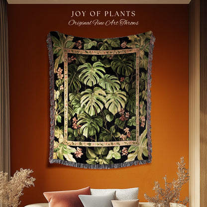 Ethereal Monstera Woodland Botanical Blanket | Tropical Aesthetic Dark Floral Houseplant Lover Whimsical Home Decor Tapestry Woven Throw |