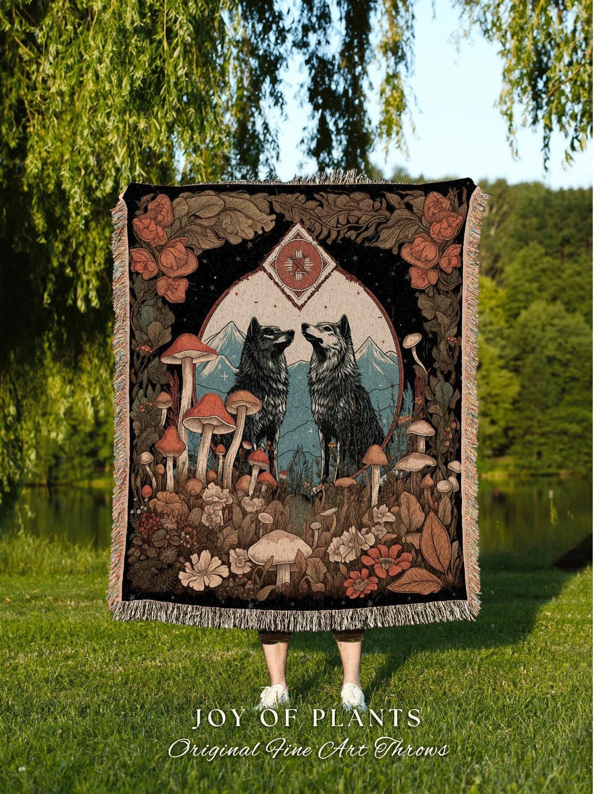 Scandinavian Wolf Cozy Throw Blanket | Outdoorsy Gift Wolf Aesthetic Nordic Blanket Medieval Aesthetic Nordic Throw Unique Mushroom Decor |