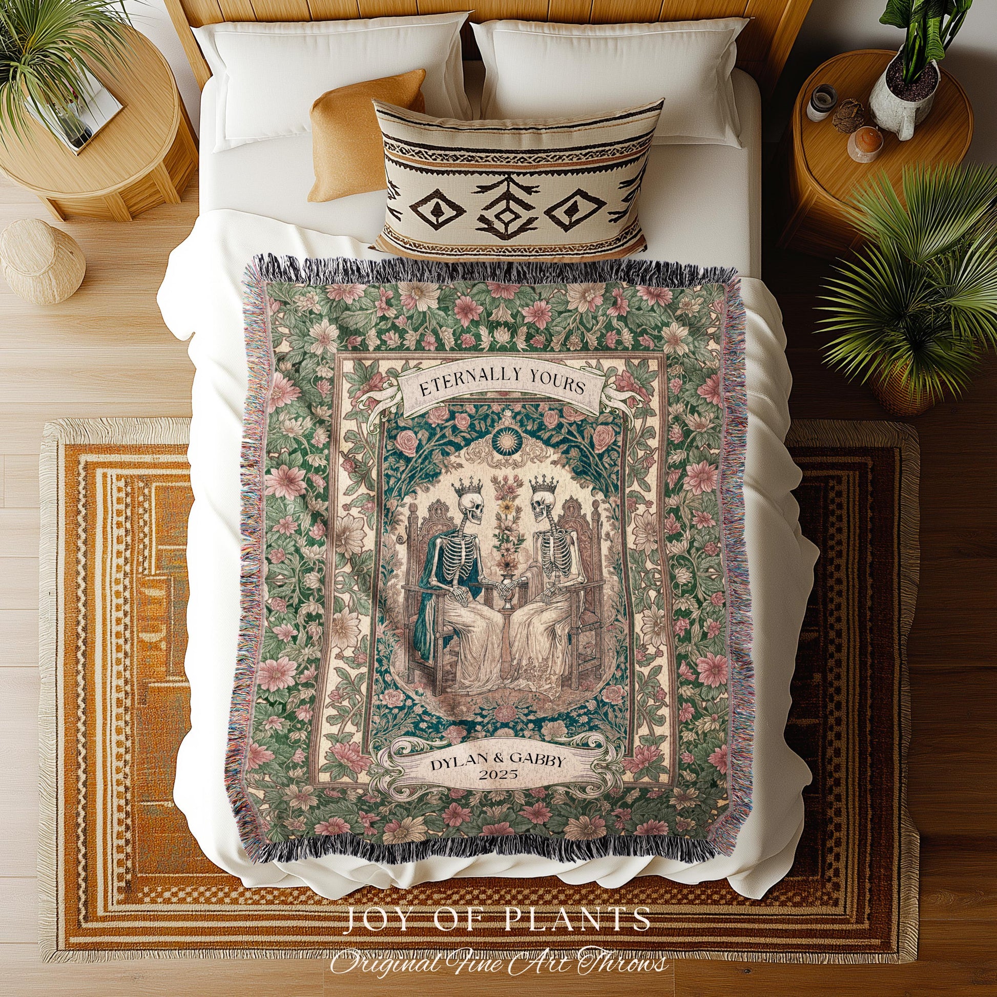 Cozy Skeleton Lovers Til Death Blanket | Custom Anniversary Tapestry Personalized Gift Dark Romantic Baroque Couple Cute Floral Woven Throw