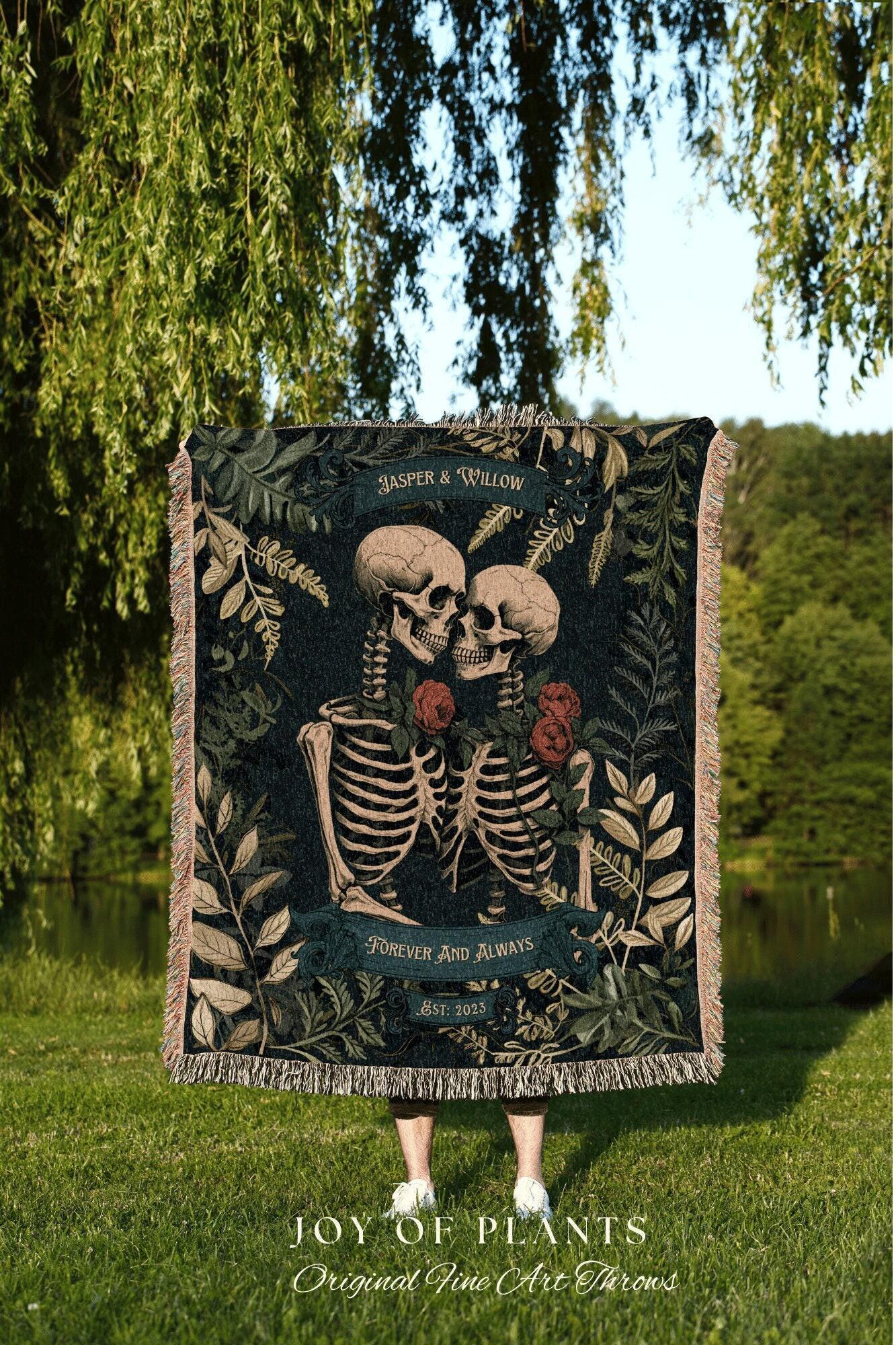Personalized Gothic Skeleton Wedding Blanket | Woven Tapestry Anniversary Gift