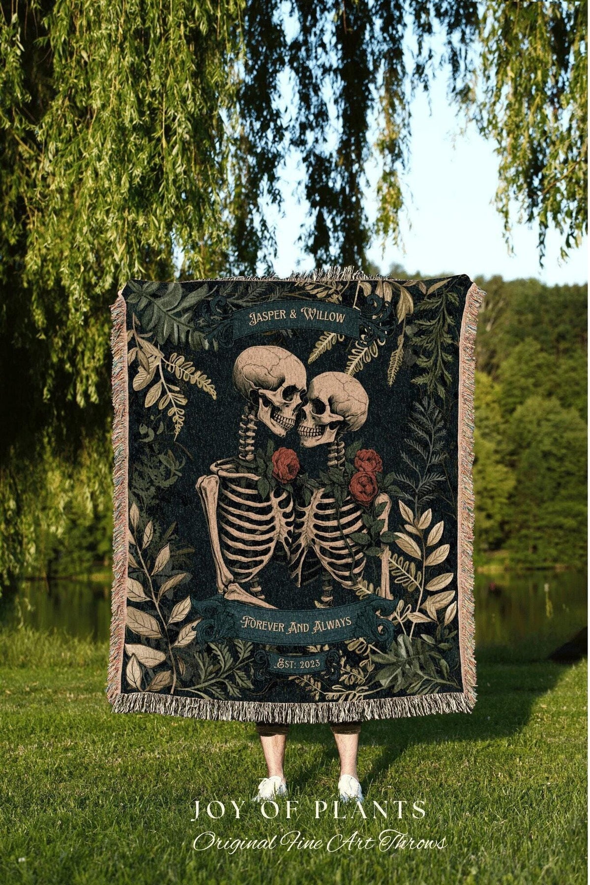Personalized Gothic Skeleton Wedding Blanket | Woven Tapestry Anniversary Gift