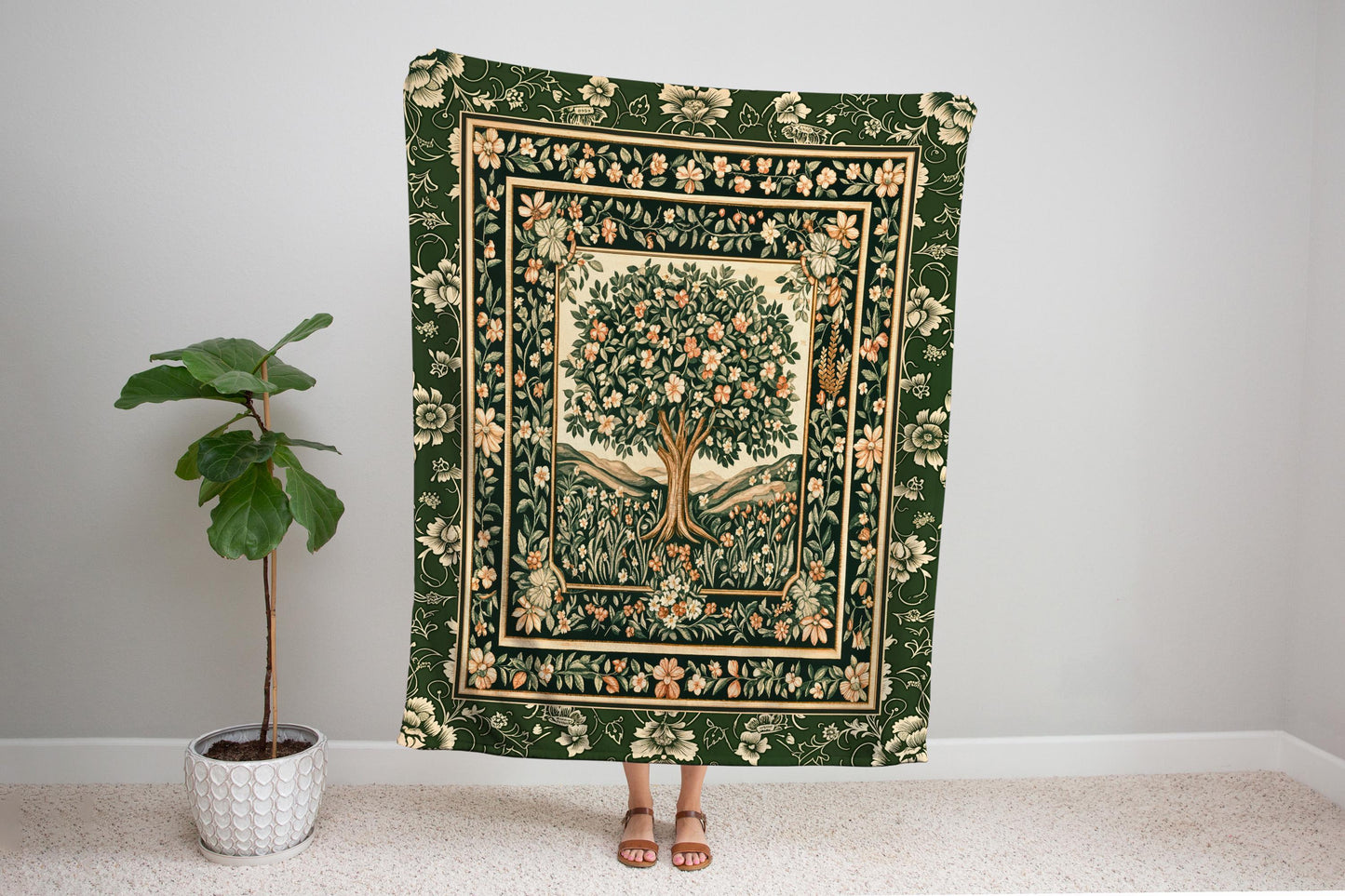 Enchanted Garden Folklore Tree Throw Blanket Woven Cotton Wall Tapestry