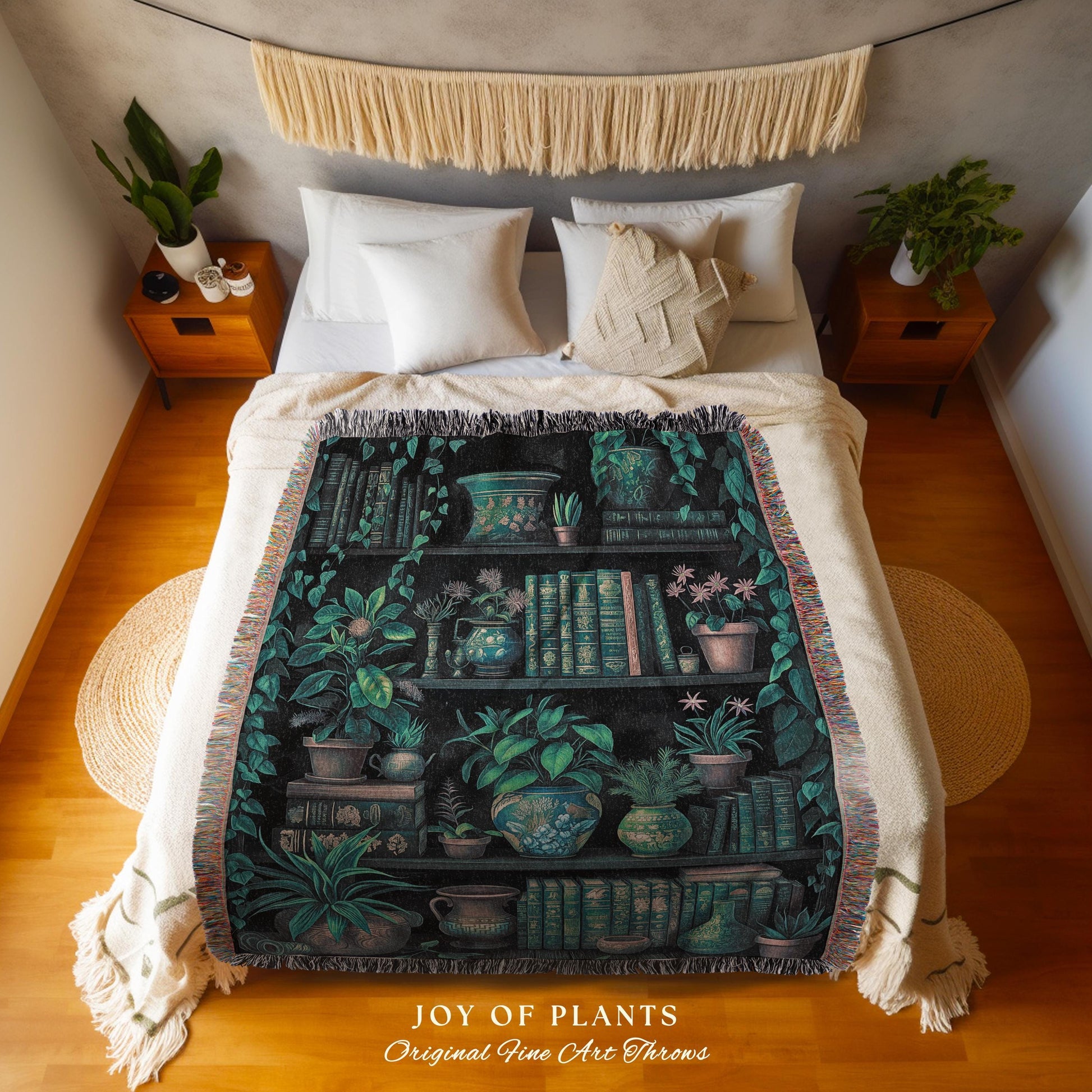 Moody Botanical Bookshelf Blanket | Witchy Reading Blanket Dark Cottagecore Woven Tapestry Wall Hanging Haunted Library Aesthetic Gothic