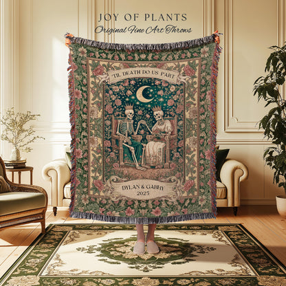 Enchanted Lovers Anniversary Blanket | Custom Gothic Woven Throw Personalized Romantic Wedding Anniversary Gift Cozy Floral Skeleton Couple