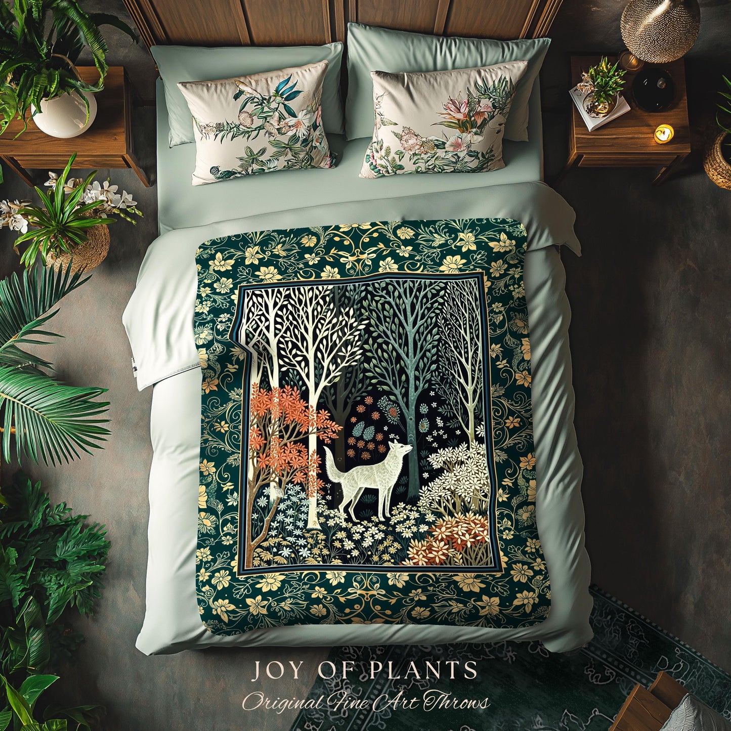 Rustic Nordic Nature Wolf Tapestry | Colorful Folklore Woven Throw Blanket Cottagecore Aesthetic Cute Boho Nursery Pastel Whimsical Woodland