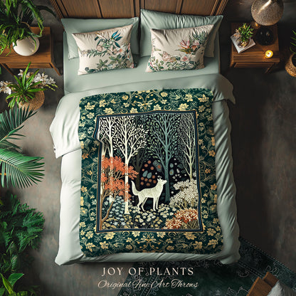 Rustic Nordic Nature Wolf Tapestry | Colorful Folklore Woven Throw Blanket Cottagecore Aesthetic Cute Boho Nursery Pastel Whimsical Woodland