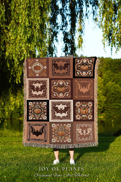 Bohemian Pumpkin Bat Orange Checkered Blanket Retro Halloween Tapestry Throw | Vintage Aesthetic Pumpkin Bat Art Boho Eclectic Unique Decor