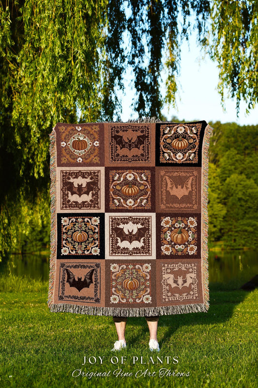 Bohemian Pumpkin Bat Orange Checkered Blanket Retro Halloween Tapestry Throw | Vintage Aesthetic Pumpkin Bat Art Boho Eclectic Unique Decor