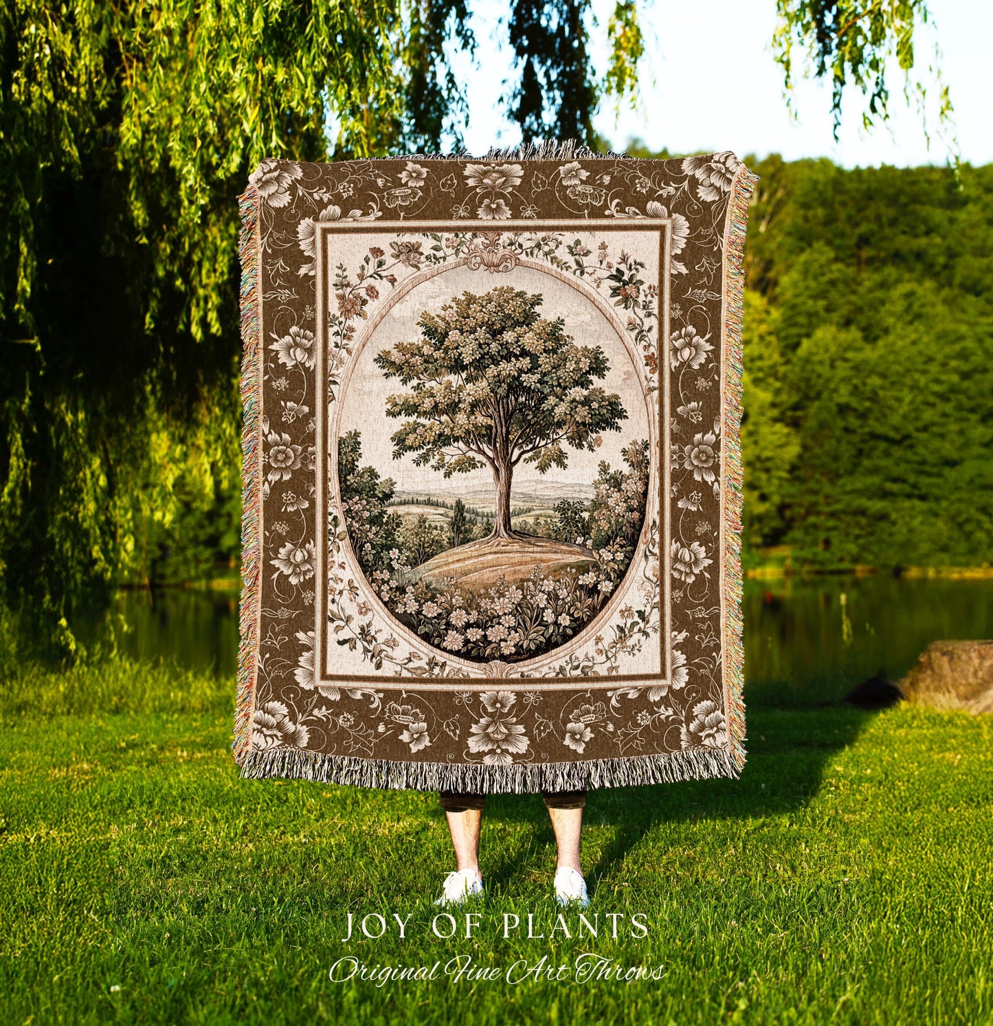 French Countryside Botanical Tree Throw Blanket Woven Cotton Wall Tapestry