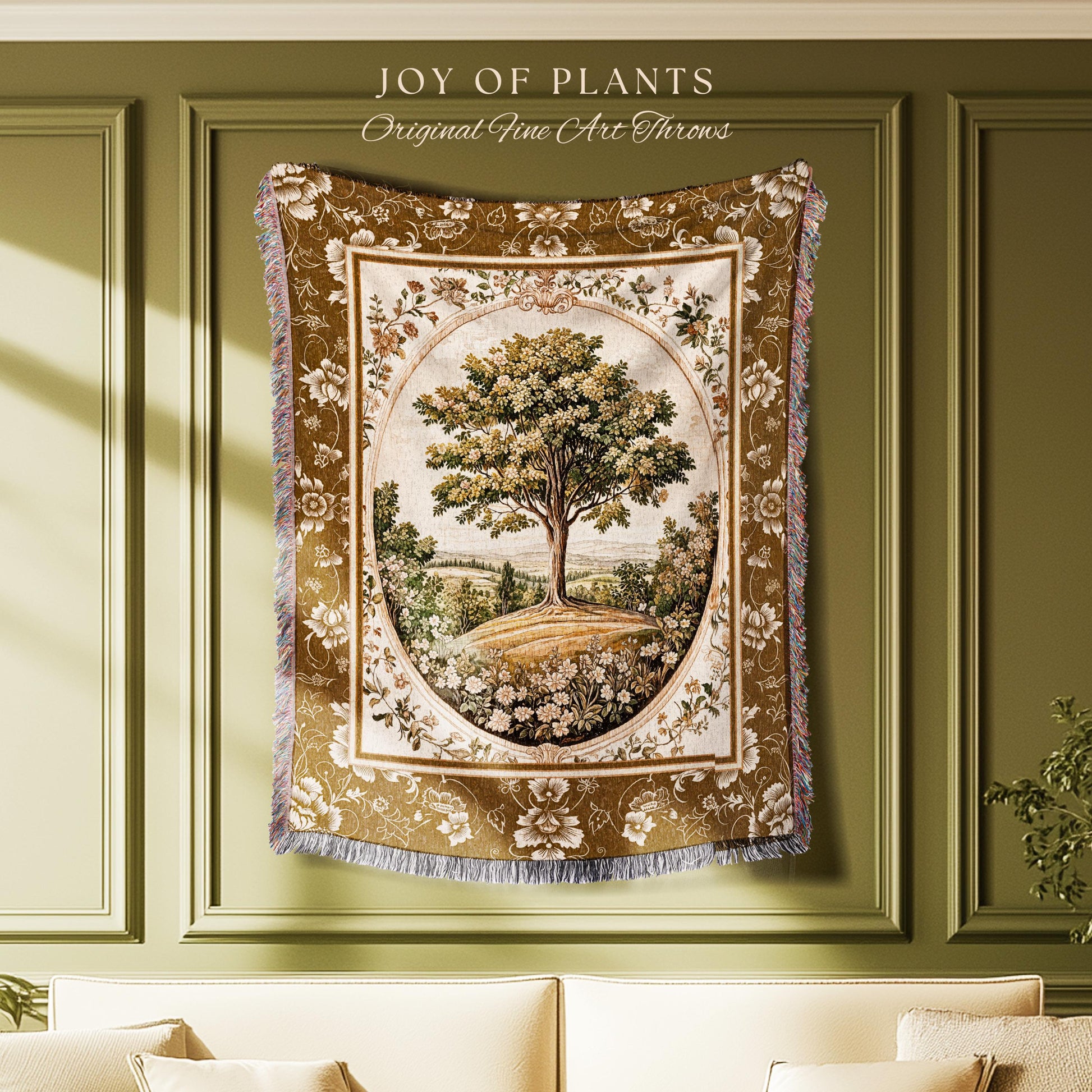 French Countryside Botanical Tree Throw Blanket Woven Cotton Wall Tapestry