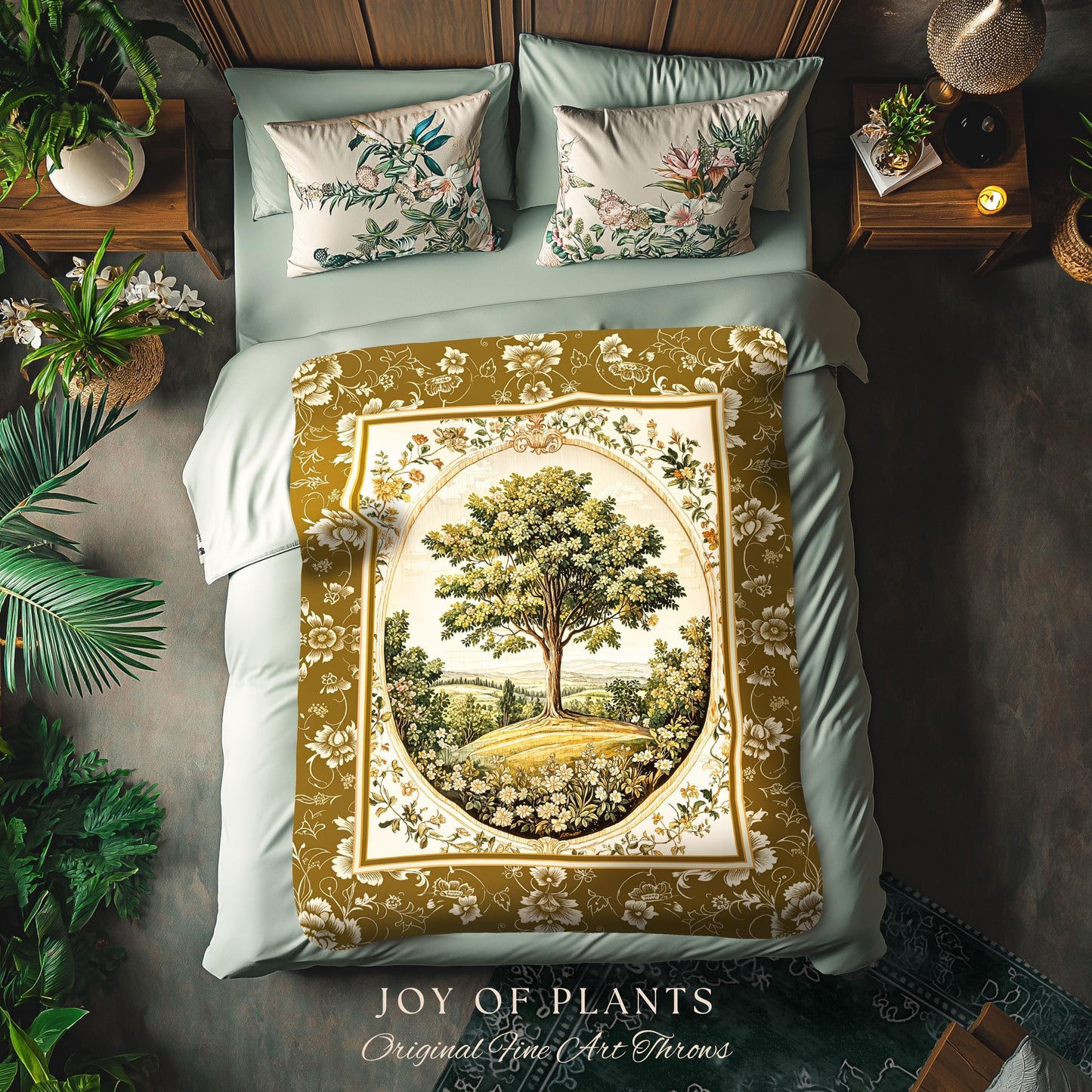 French Countryside Botanical Tree Throw Blanket Woven Cotton Wall Tapestry