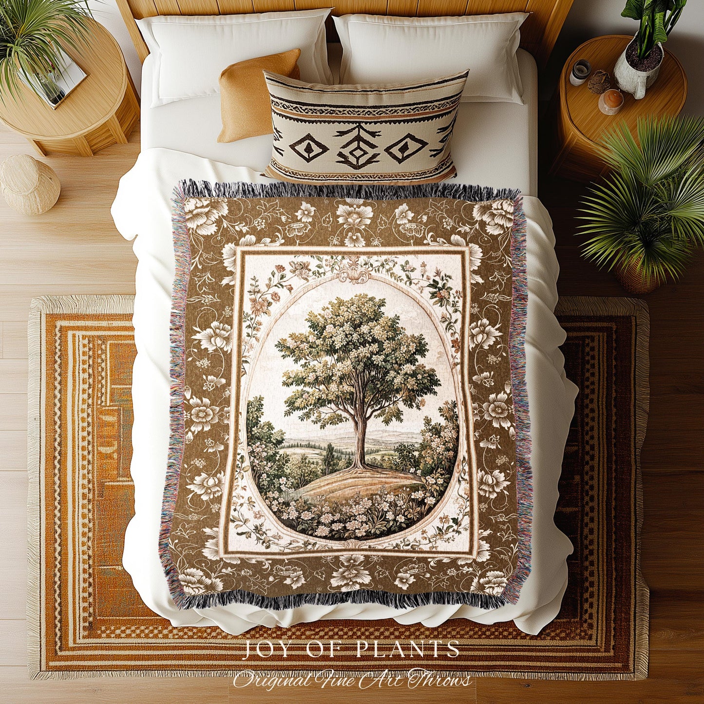 French Countryside Botanical Tree Throw Blanket Woven Cotton Wall Tapestry