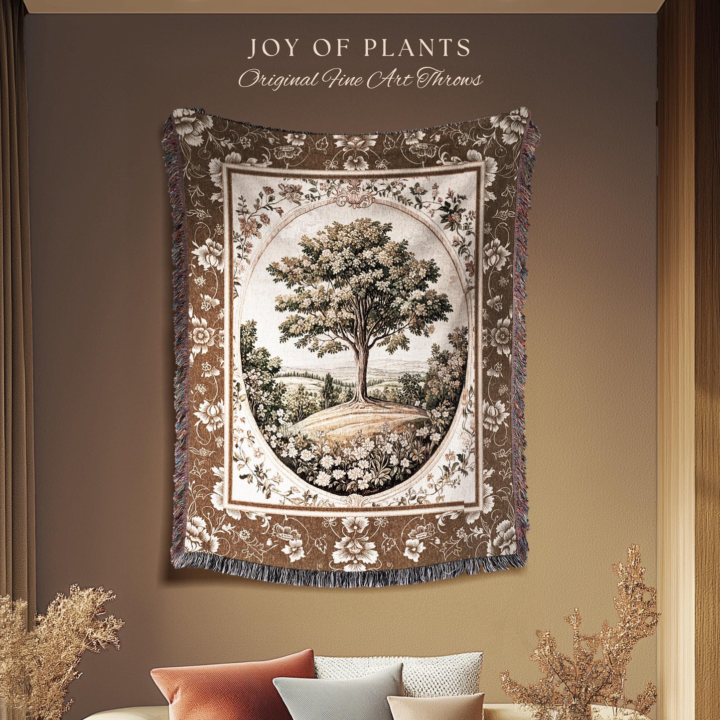 French Countryside Botanical Tree Throw Blanket Woven Cotton Wall Tapestry