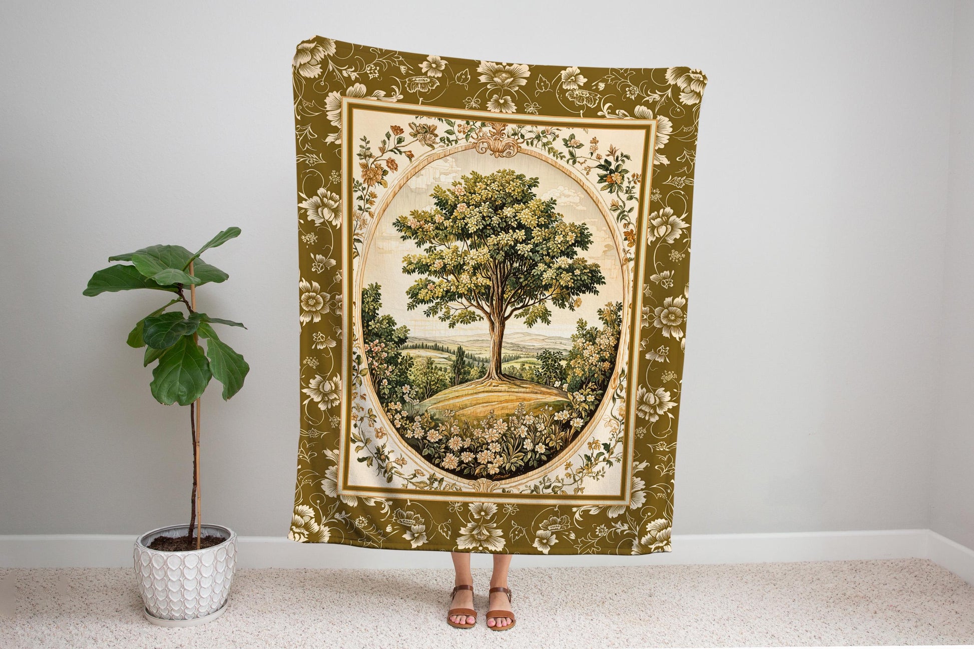 French Countryside Botanical Tree Throw Blanket Woven Cotton Wall Tapestry