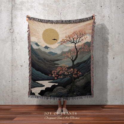 Sunrise Tapestry Japanese Aesthetic Mountain Blanket Woven Throw | Nature Inspired Art Tree Woven Blanket Landscape Tapestry Fairy Grunge