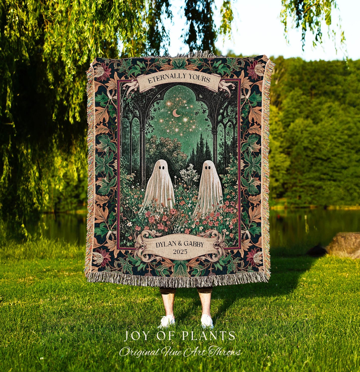 Ghost Couple Starlit Custom Tapestry | Cottagecore Floral Blanket Celestial Ghost Decor Gothic Enchanted Autumn Wedding Magical Personalized