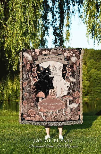 Peachy Woodland Cat Lovers Blanket | Dark Cottagecore Mushroom Aesthetic Woven Throw Personalized Cotton Anniversary Tapestry for Cat Lover