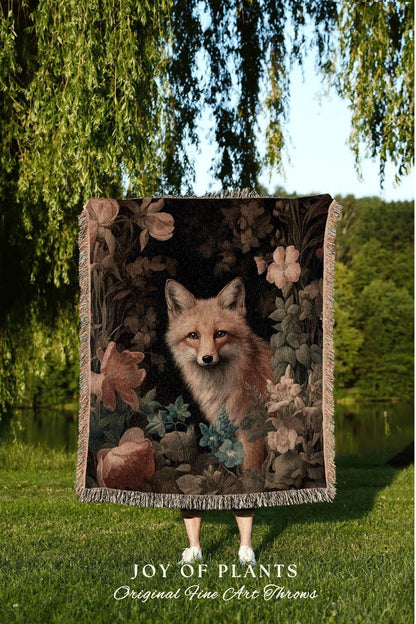 Woodland Gothic Fox Blanket | Vintage William Morris inspired Nature Blanket Woodland Botanical Maximalist Decor Blanket Fox Tapestry Woven