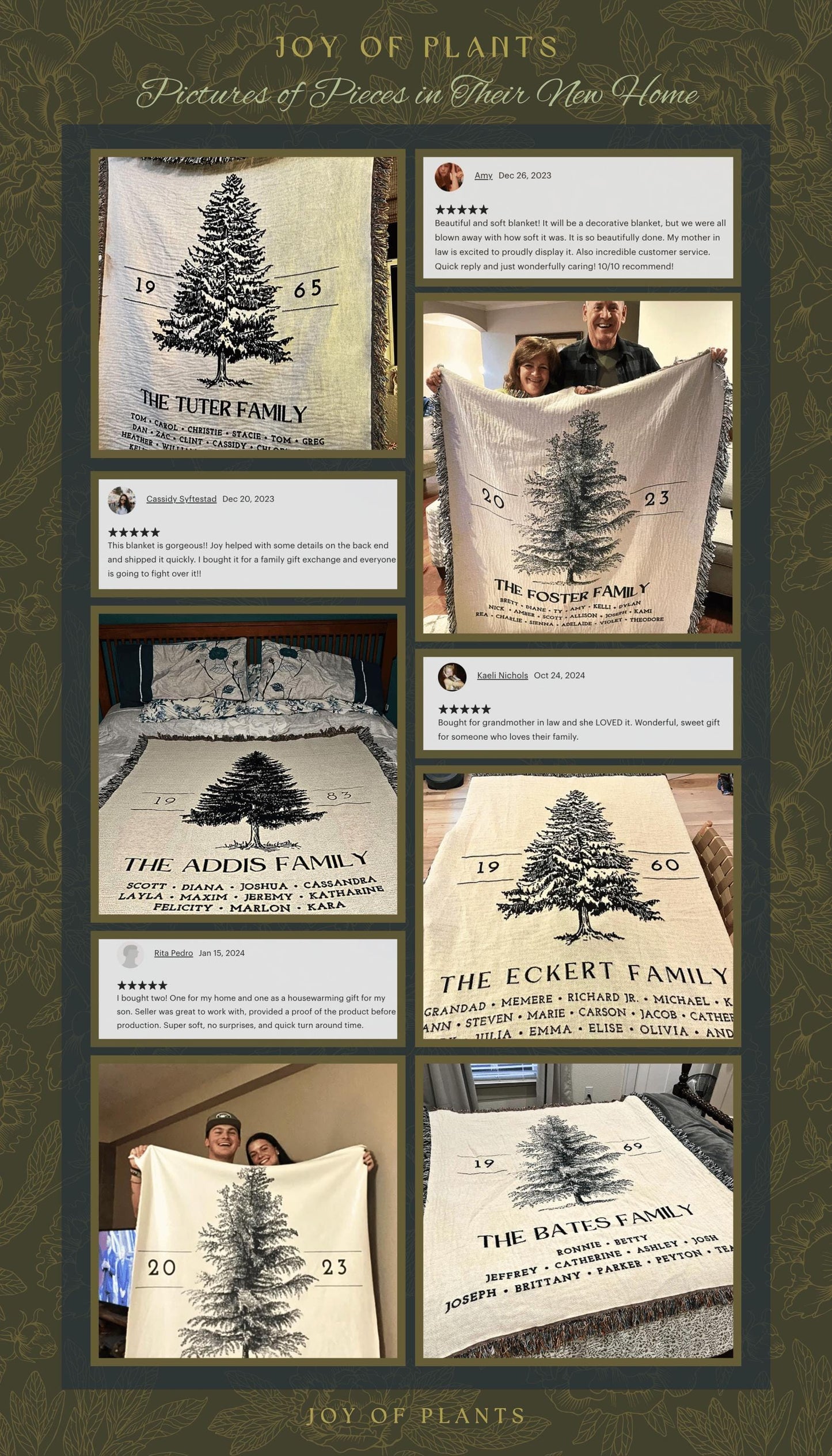 Vintage Folk Art Family Tree Blanket with Names Heritage Cottagecore Decor, Personalized Heirloom Tapestry Woven Throw Custom Nostalgic Gift