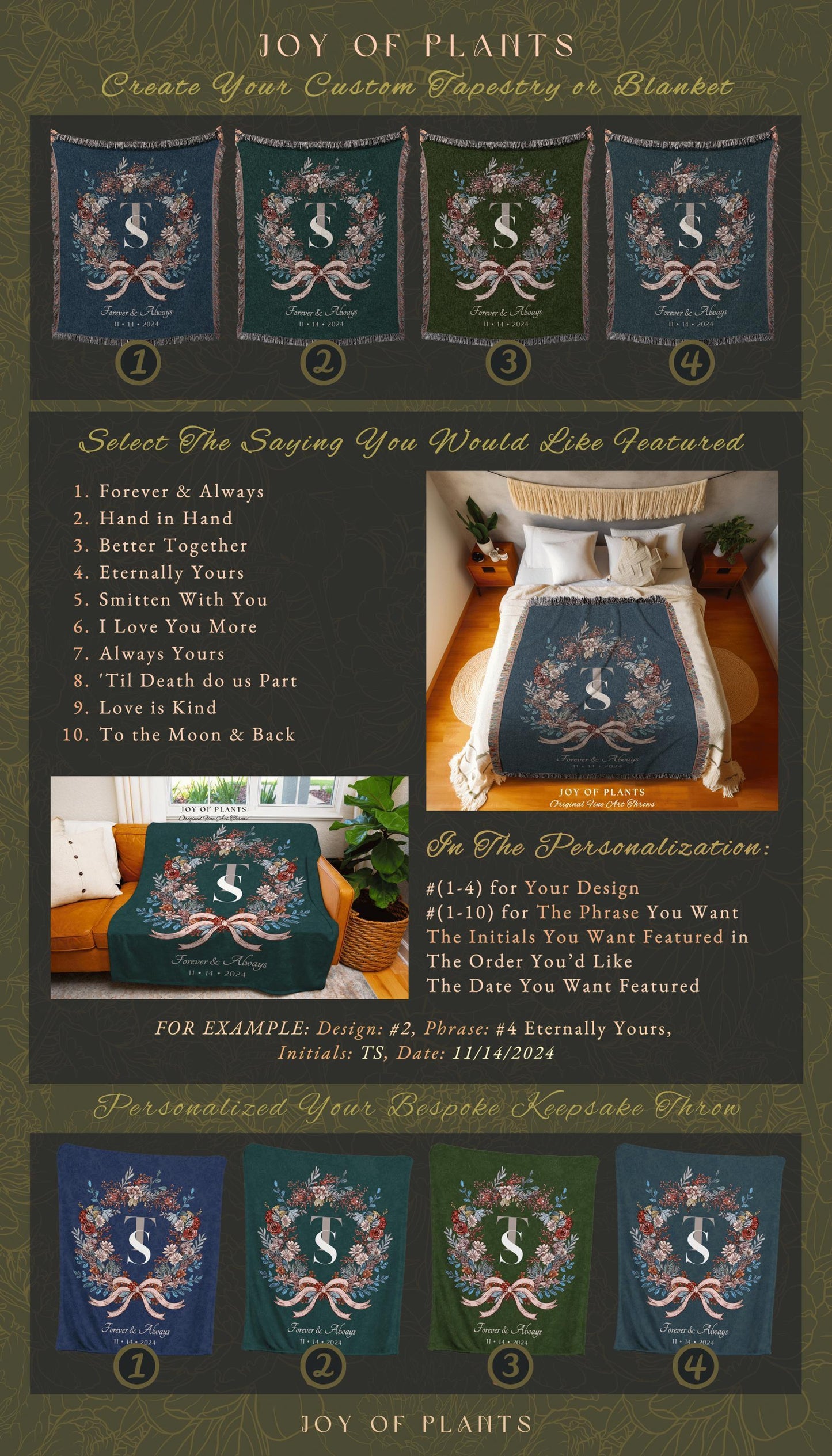 Cozy Newlyweds Initials Throw Blanket | Personalized Keepsake His and Hers Woven Tapestry Custom Dating Anniversary Floral Wreath for Her |