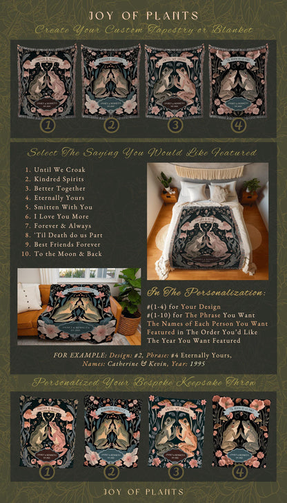 Rustic Floral Froggy Couple Personalized Woodland Wedding Tapestry Throw, Cozy Custom Cotton Anniversary Woven Blanket Gift for Nature Lover