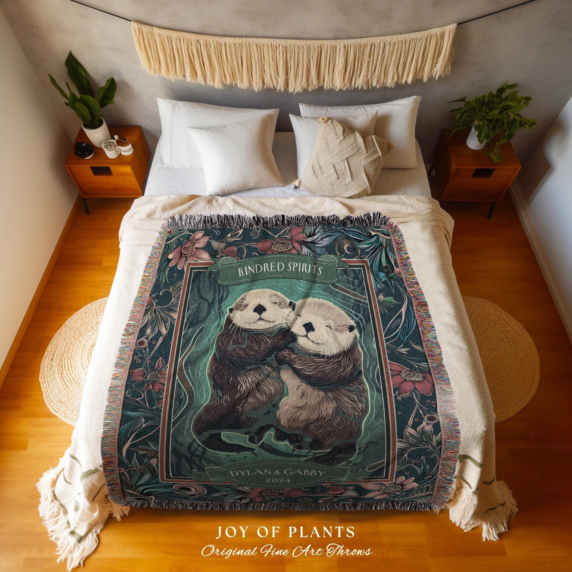 Otterly in Love Cute Couple Custom Gift | Boho Whimsical Wedding Anniversary Throw Blanket Personalized Saying Interlocking Otters Tapestry