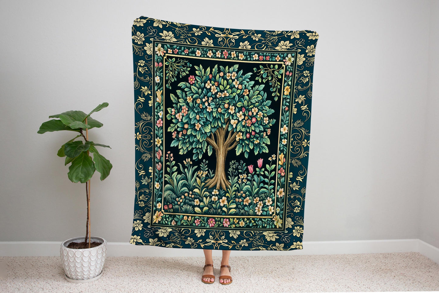 Folklore Forest Storybook Tree Throw Blanket Woven Cotton Wall Tapestry