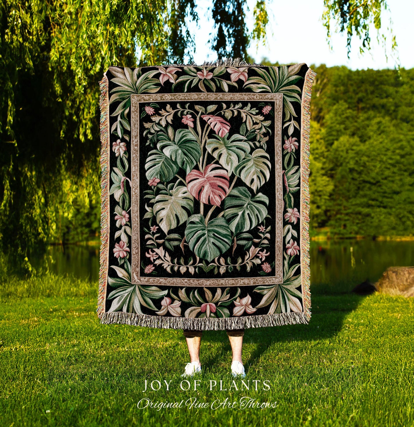 Earthy Vibes Monstera Tapestry | Cozy Woven Blanket Forestcore Vintage Summer Bedspread Tropical Goth Aesthetic Cottagecore Leafy Bedroom |