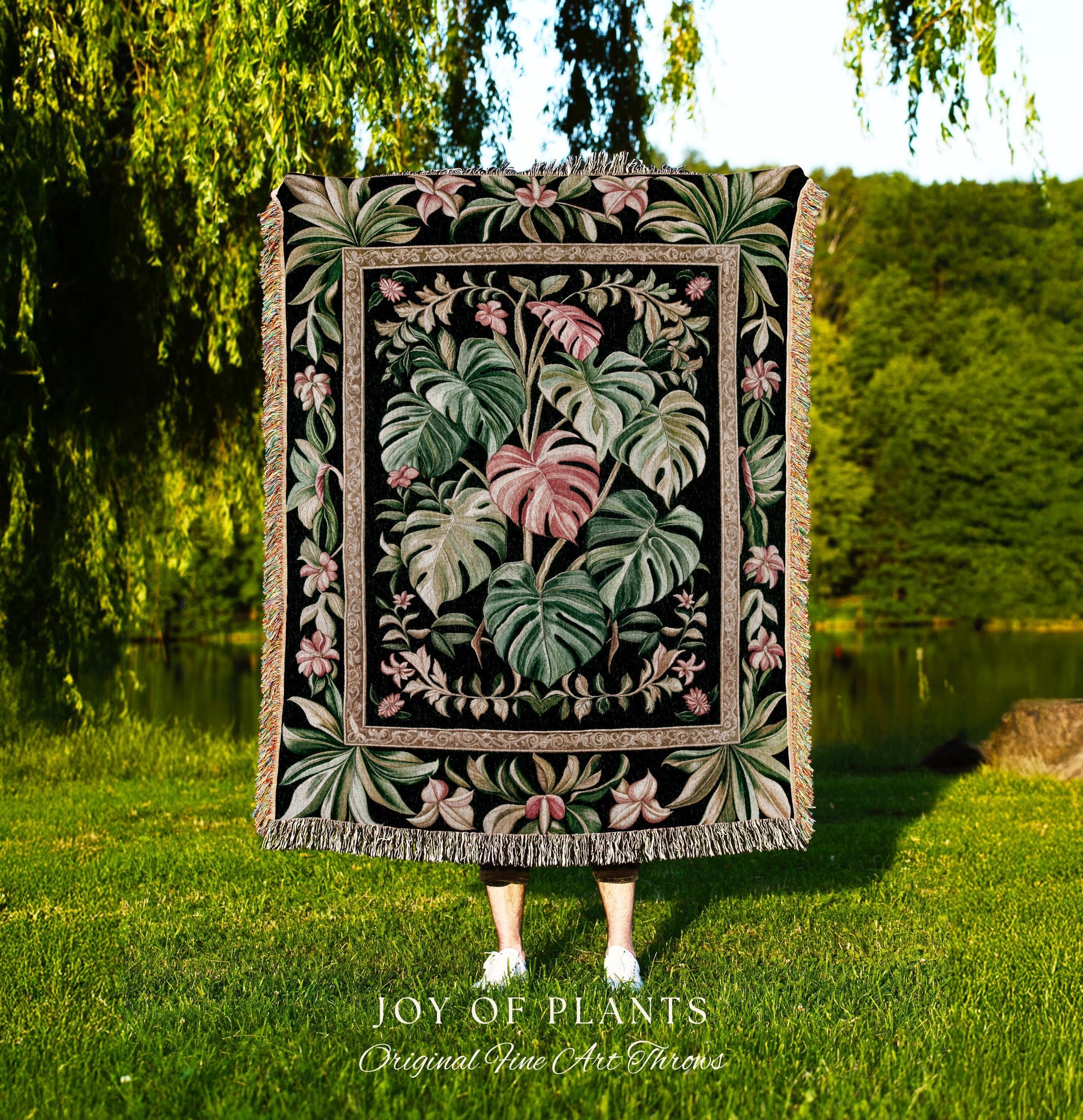 Earthy Vibes Monstera Tapestry | Cozy Woven Blanket Forestcore Vintage Summer Bedspread Tropical Goth Aesthetic Cottagecore Leafy Bedroom |
