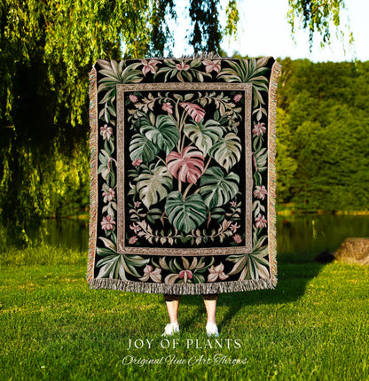 Earthy Vibes Monstera Tapestry | Cozy Woven Blanket Forestcore Vintage Summer Bedspread Tropical Goth Aesthetic Cottagecore Leafy Bedroom |